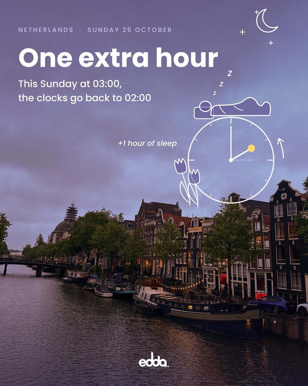 One extra hour: 25 Ekim Pazar 03.00’te saatler 02.00’ye alınıyor – Amsterdam kanalı, Edda Creative paylaşımı