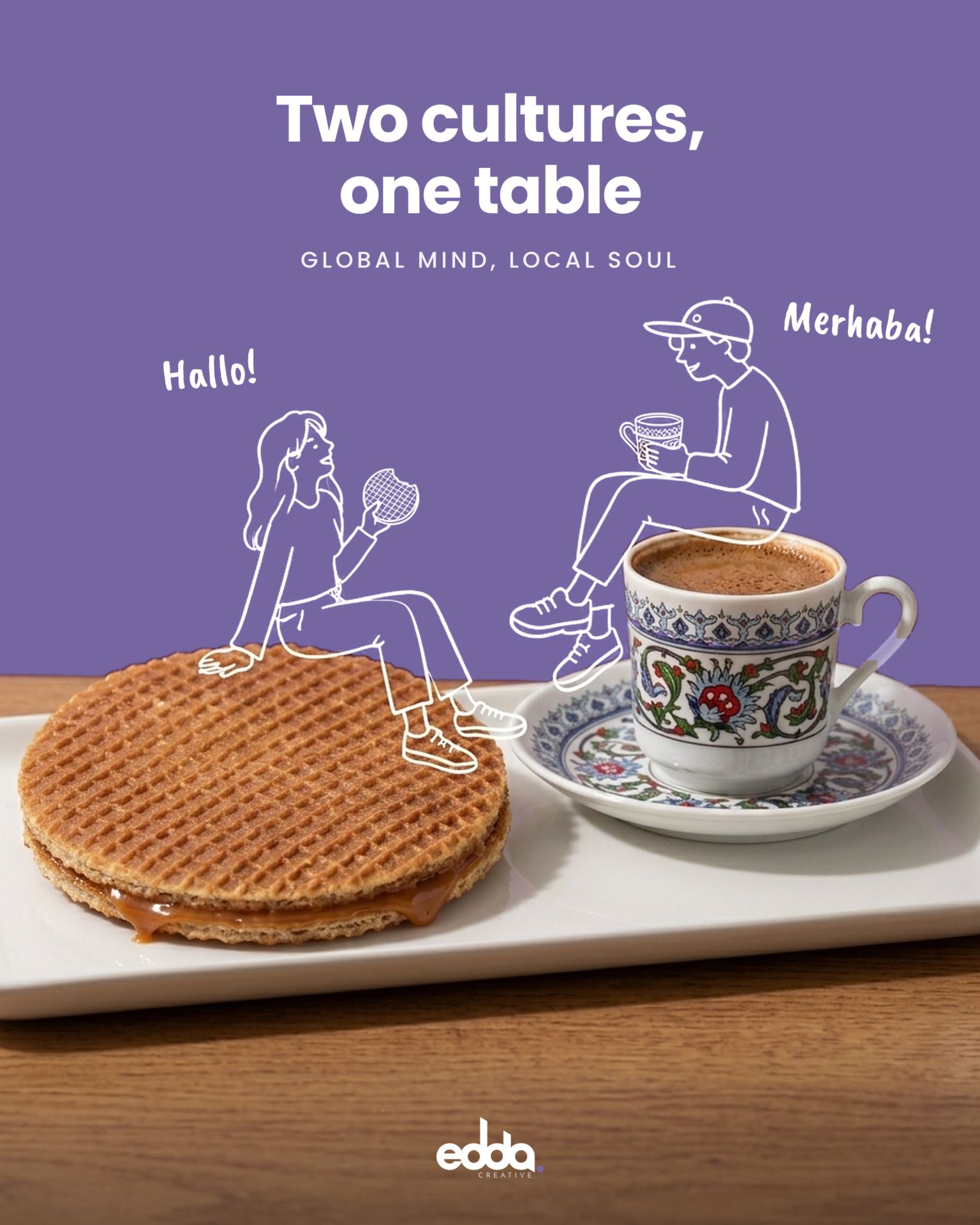 Edda Creative kampanya görseli: Hollanda stroopwafel ve Türk kahvesi, “Two cultures, one table – Global Mind, Local Soul”