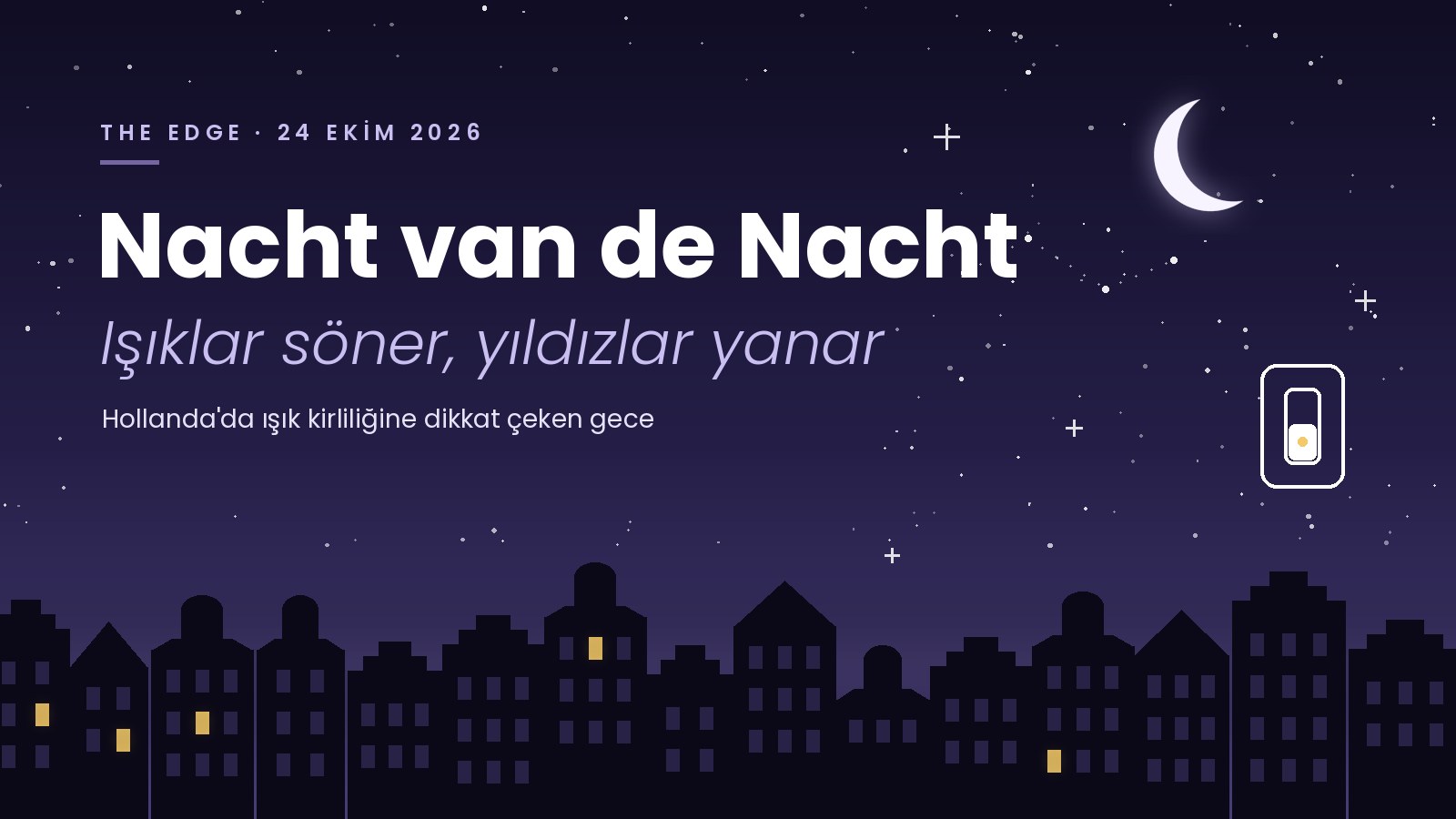 Nacht van de Nacht 2026 kapak görseli: yıldızlı gece, ışıkları sönmüş Amsterdam kanal evleri ve ışık anahtarı