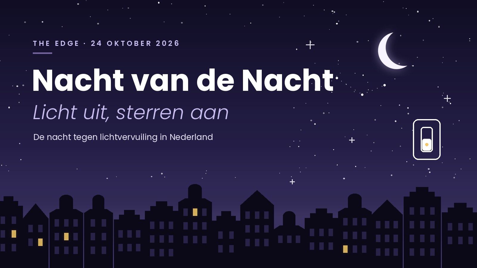 Omslag Nacht van de Nacht 2026: sterrenhemel, Amsterdamse grachtenpanden met het licht uit en een lichtschakelaar