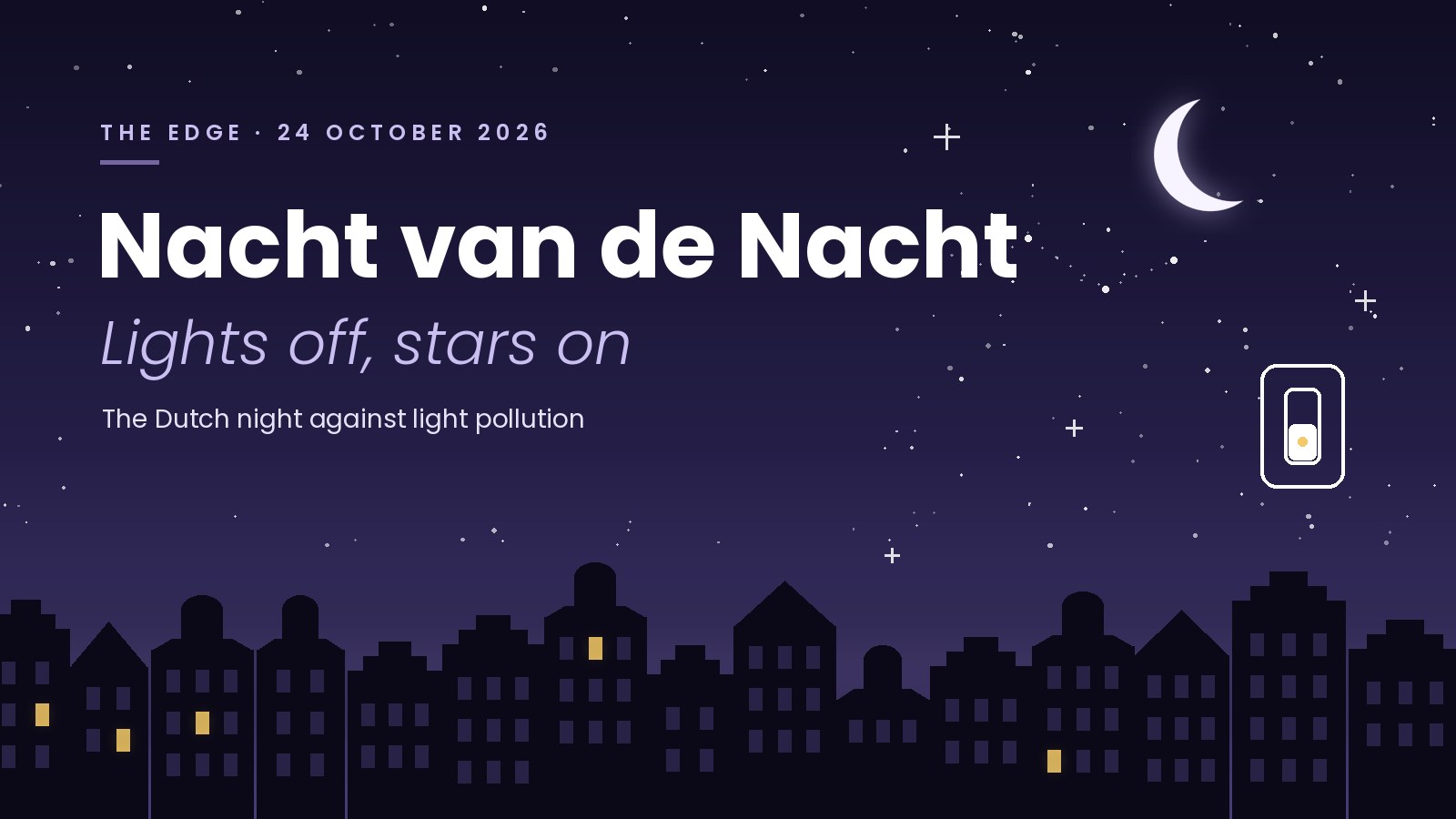 Nacht van de Nacht 2026 cover: starry night, Amsterdam canal houses with their lights off and a light switch
